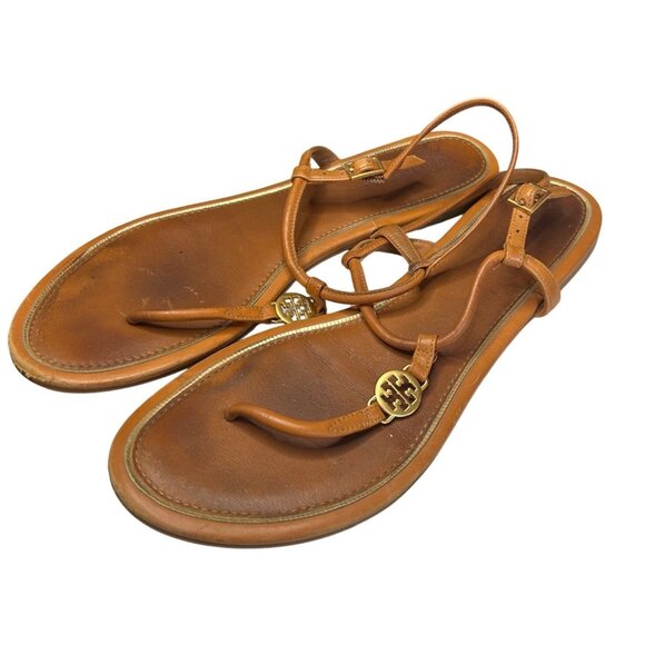 Tory Burch Emma T-Strap Flat Sandals – Brown Leather with Gold Logo – Women’s Si - Picture 2 of 13